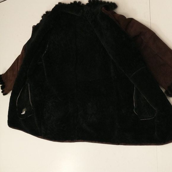 Authentic Shearling USA made Coat Long Jacket Dark Brown Suede Leather Fur Trim - Picture 10 of 16